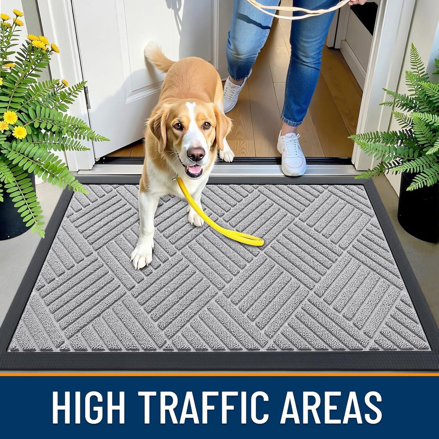 OLANLY Front Door Mat Outside Entrance 29.5x17, Absorbent, Heavy Duty Sturdy Natural Rubber Doormat Indoor Outdoor, Stain and Fade Resistant, Non-Slip Low Profile Floor Mat for Entryway, Grey Diamond