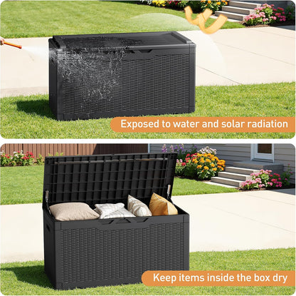 Greesum 120 Gallon Deck Box, Resin Outdoor Storage Container for Patio Furniture, Garden Tools, Pool Accessories, Weatherproof, Lockable, Black
