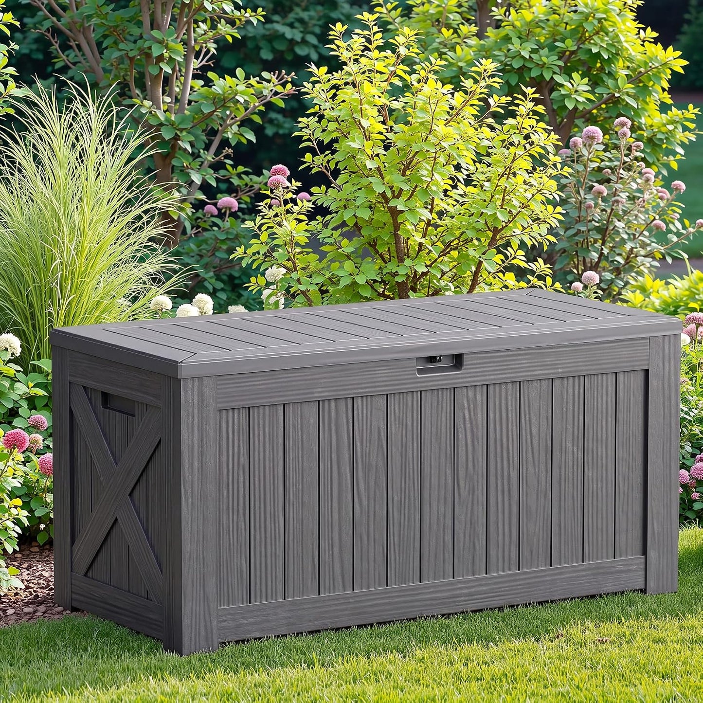 JUMMICO 31 Gallon Resin Deck Box Waterproof Indoor Outdoor Storage Boxes for Patio Furniture Cushions and Garden Tools (Brown)