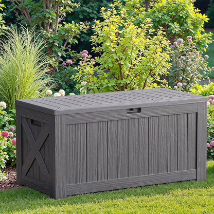 JUMMICO 31 Gallon Resin Deck Box Waterproof Indoor Outdoor Storage Boxes for Patio Furniture Cushions and Garden Tools (Brown)