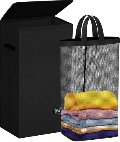 WTREE Laundry Hamper with Lid, Reinforced Sturdy Clothes Hamper with Anti-Puncture Base, Large Collapsible Laundry Basket with Removable Liner Bag, Tall Dirty Clothes Bin for Family, 100L Grey