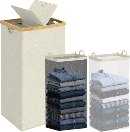 efluky Laundry Hamper with Lid, Trio Laundry Basket with 2 Removable Bags, 3 Section Laundry Bin with Bamboo Handles for Bathroom, Bedroom & Laundry Room, 160L (42.3 Gallon) Beige