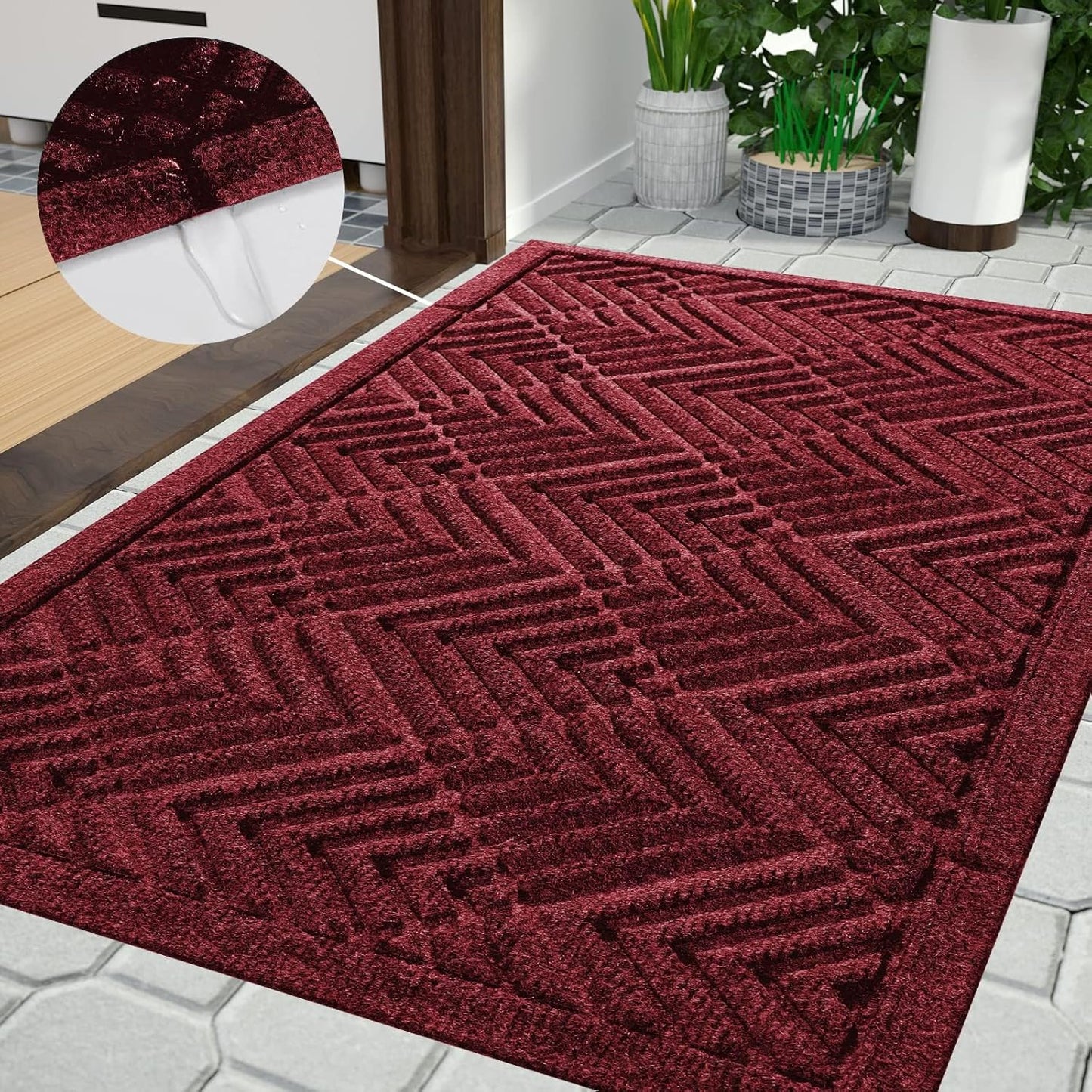 Yimobra Front Door Mat, All-Season Waterproof Outdoor Mat for Entrance with Drainage Holes, Heavy Duty Non-Slip Doormat for Garage Patio Entryway Indoor, 29.5x17, Red