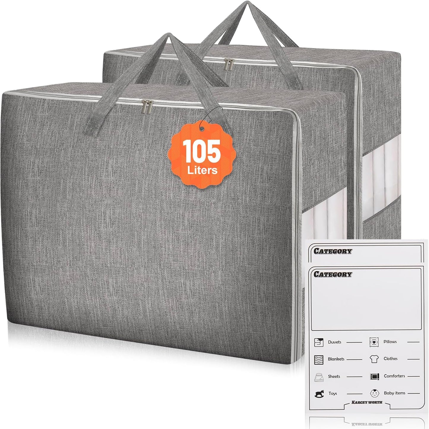 3 Pack 105L Comforter Storage Bags, Extra Large Bedding Storage Bags with Card and Clear Window, Reinforced Handles & Zippers, Foldable Closet Organizers for Blanket Pillow Clothes