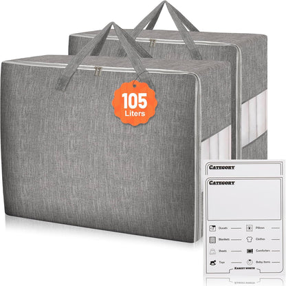 3 Pack 105L Comforter Storage Bags, Extra Large Bedding Storage Bags with Card and Clear Window, Reinforced Handles & Zippers, Foldable Closet Organizers for Blanket Pillow Clothes