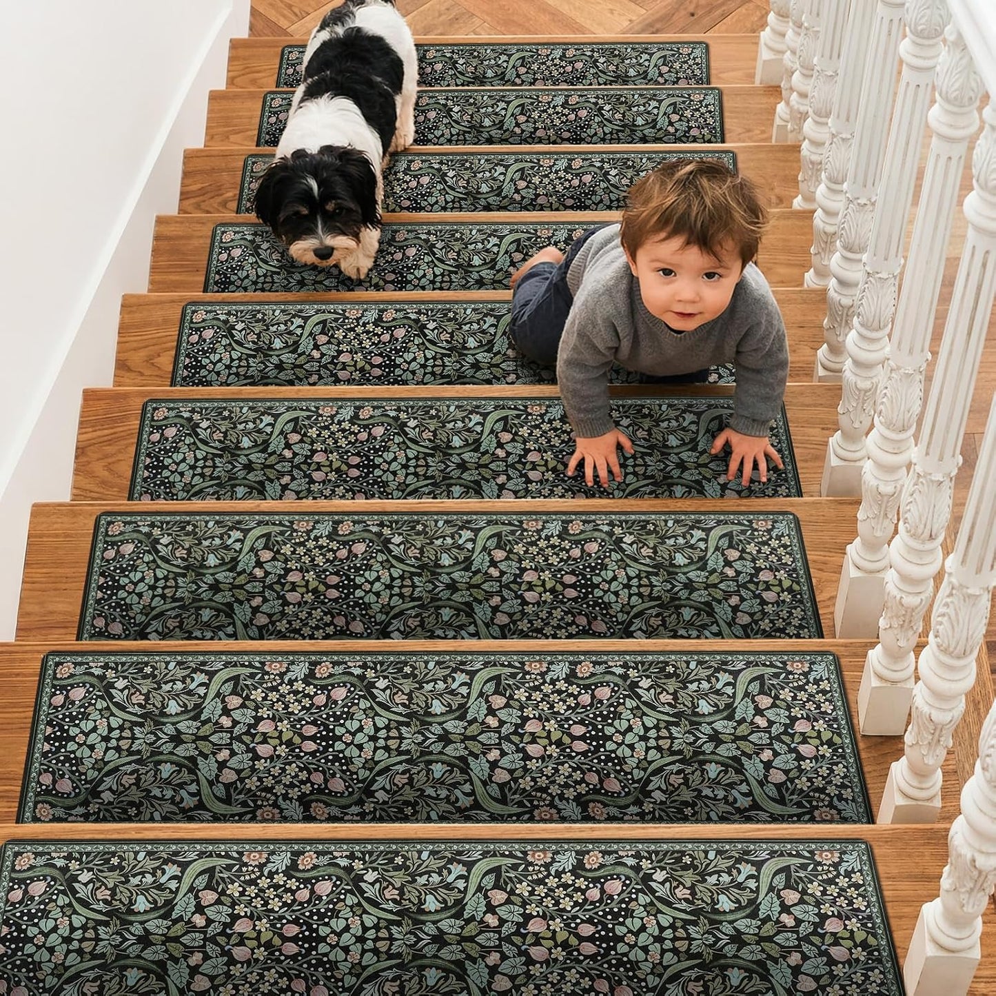 OJIA Floral Stair Treads Non-Slip Stair Runner for Wooden Steps Indoor 15PCS 30"x8" Carpet Stair Treads Stair Mats Staircase Step Treads for Kids, Elders and Dogs, Stair Covers, Black