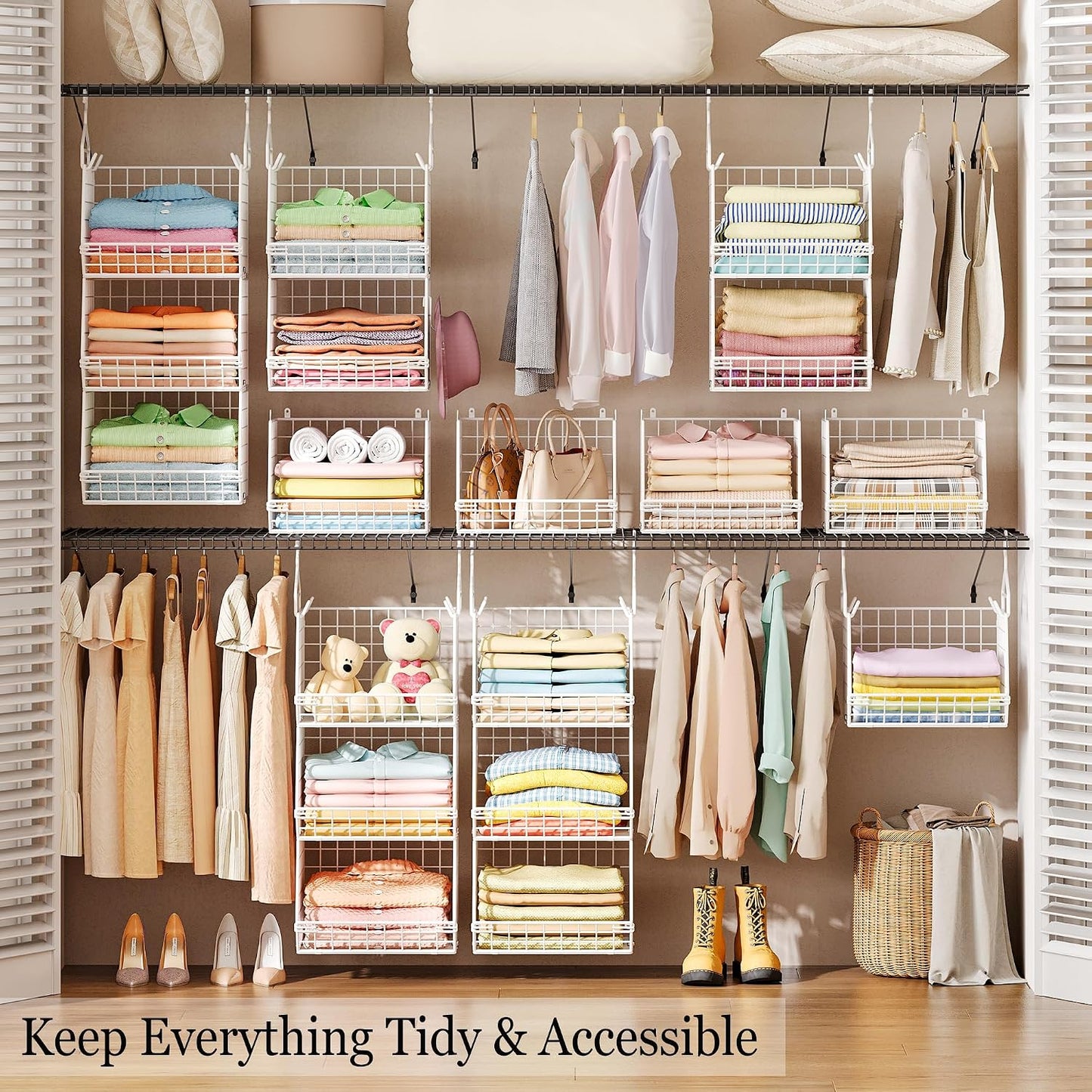X-cosrack 3-Tier Hanging Closet Organizer, Laundry Room Organization | Space Saving Shelves with 1.65" Hook & 5 S-Hooks | Hanging Wire Baskets (12.4" W x 8.8" H x 10.24-11.8" D)
