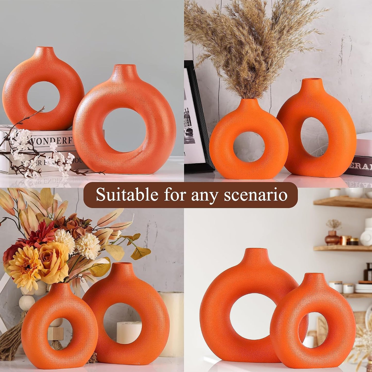 White Ceramic Donut Vase Set of 2, Hollow Matte Pampas Flower Vases for Boho Home Wedding Party Room Dinner Table Shelf Decor.（White）