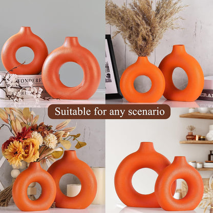 White Ceramic Donut Vase Set of 2, Hollow Matte Pampas Flower Vases for Boho Home Wedding Party Room Dinner Table Shelf Decor.（White）