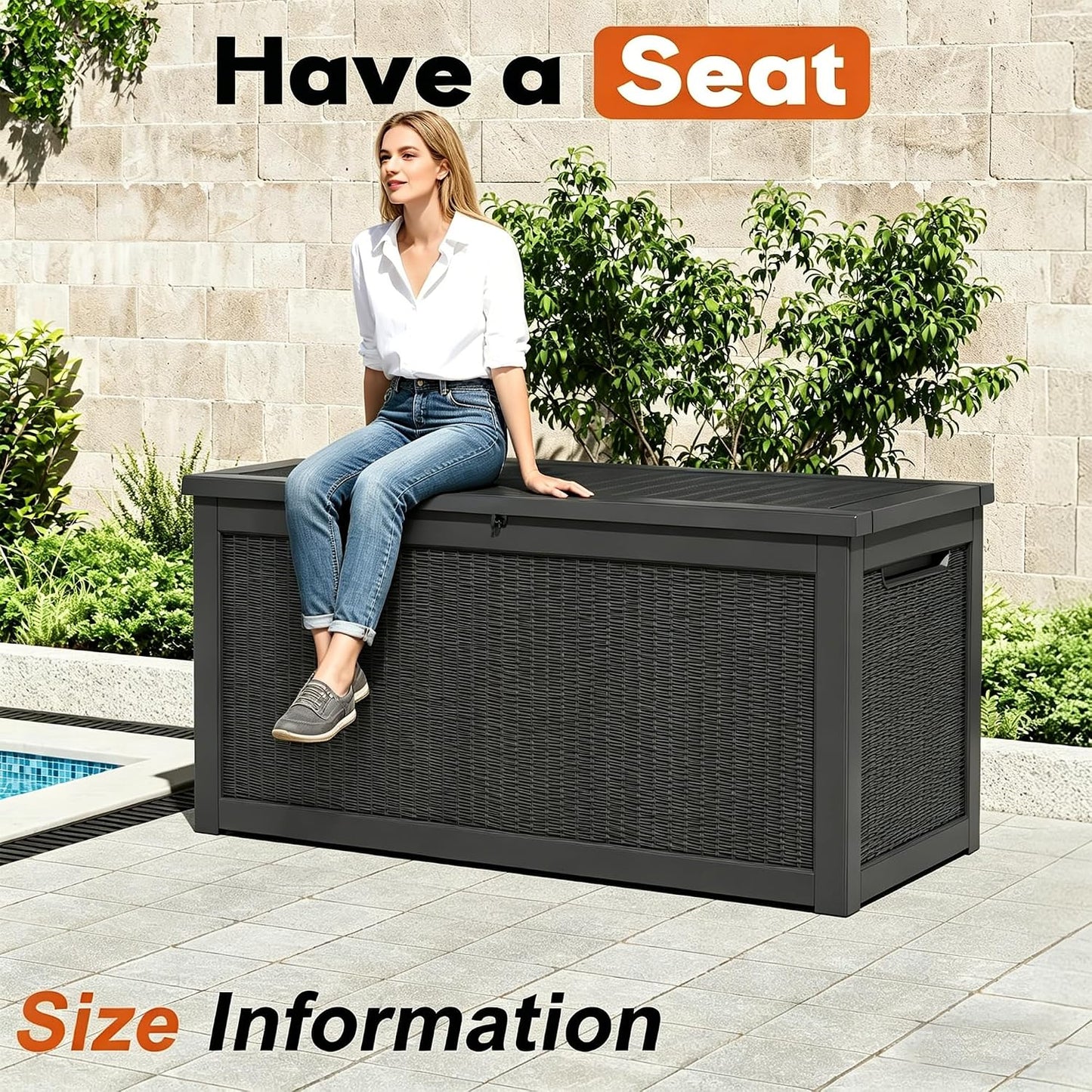 Outdoor Storage Box, Resin Deck Boxes Indoor and outdoor, Waterproof Storage Box Lockable Lid (Black, 85 Gallon)