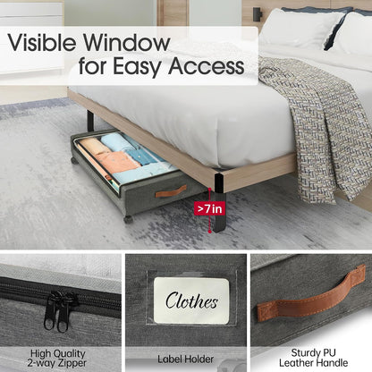 Yecaye Under Bed Storage with Wheels, 2 Pack Under Bed Storage Containers, 60L Underbed Shoe Storage with Clear Window & Label, Rolling Under Bed Metal Drawer for Clothes, Shoes, Books, Blankets