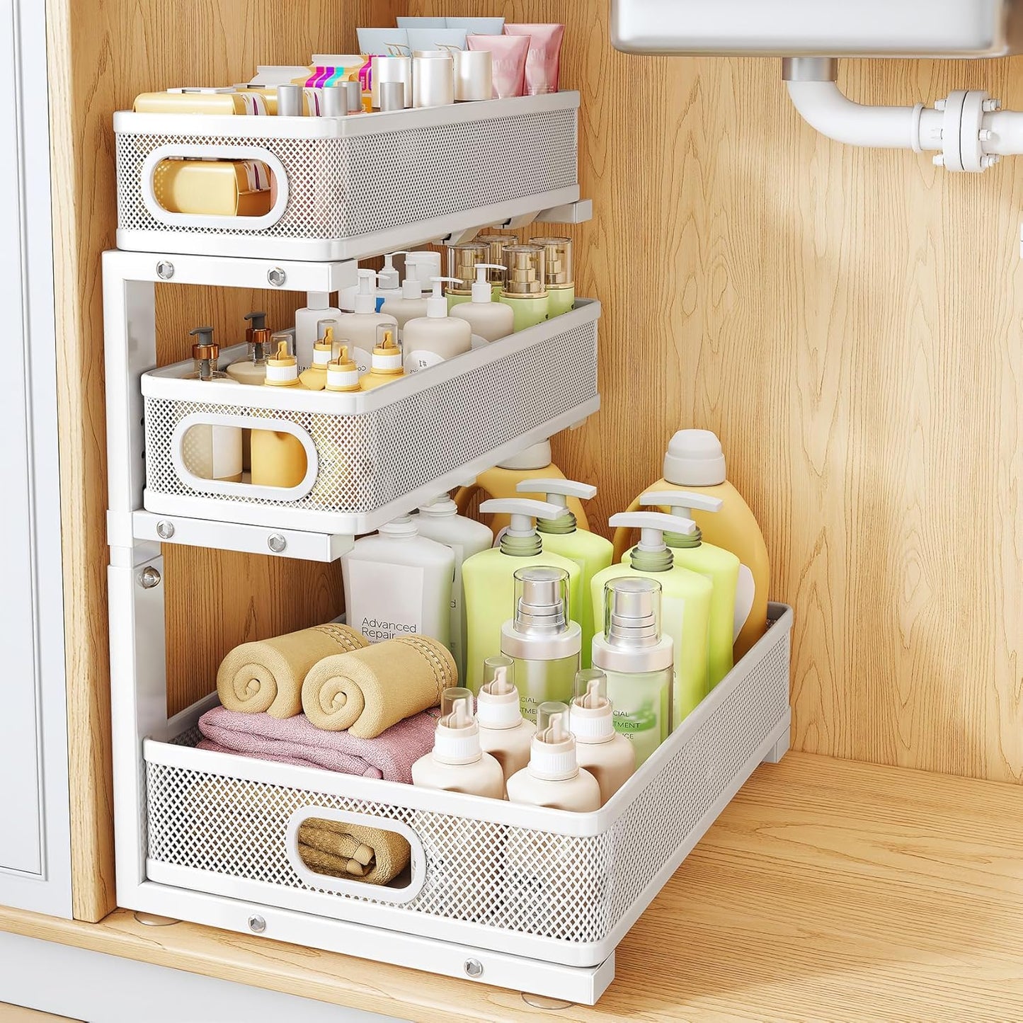 Under Sink Organizer, 2-Pack 3-Tier Thickened Metal Pull out Cabinet Organizer Shelf, Height Adjustable Slide out Storage Drawer Rack for Kitchen Bathroom Pantry Laundry Home Office Organization