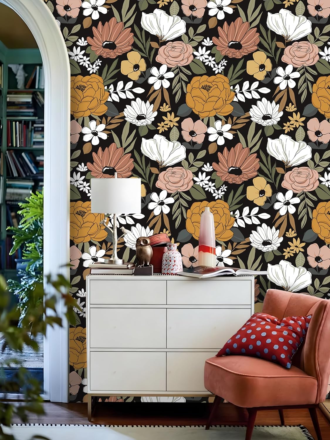 Floralplus Floral Wallpaper Peel and Stick Removable Wallpaper Boho Renter Friendly Dark Flower Wallpapers Contact Paper for Walls Cabinet Bedroom Bathroom Decor 17.5 in x 118 in