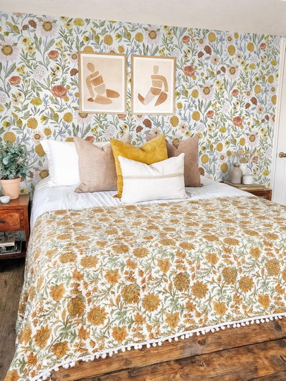 Dimoon 17.3''x78.7'' Peel and Stick Wallpaper Floral Cute Contact Paper Vintage Village Country Cottage Wallpaper Farmhouse Yellow Beige Renter Friendly Geometry Waterproof Embossed Kitchen Bedroom