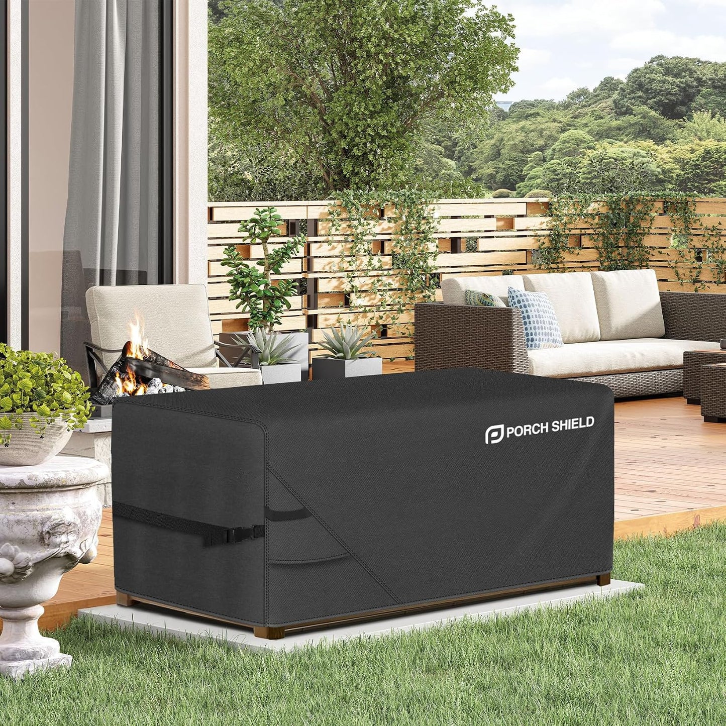Porch Shield Patio Deck Box Storage Cover - 600D Outdoor Waterproof Cover for 150-230 Gallon Box Tear Resistant Rectangular Fire Pit Table Covers 62 x 29 x 28inch Black