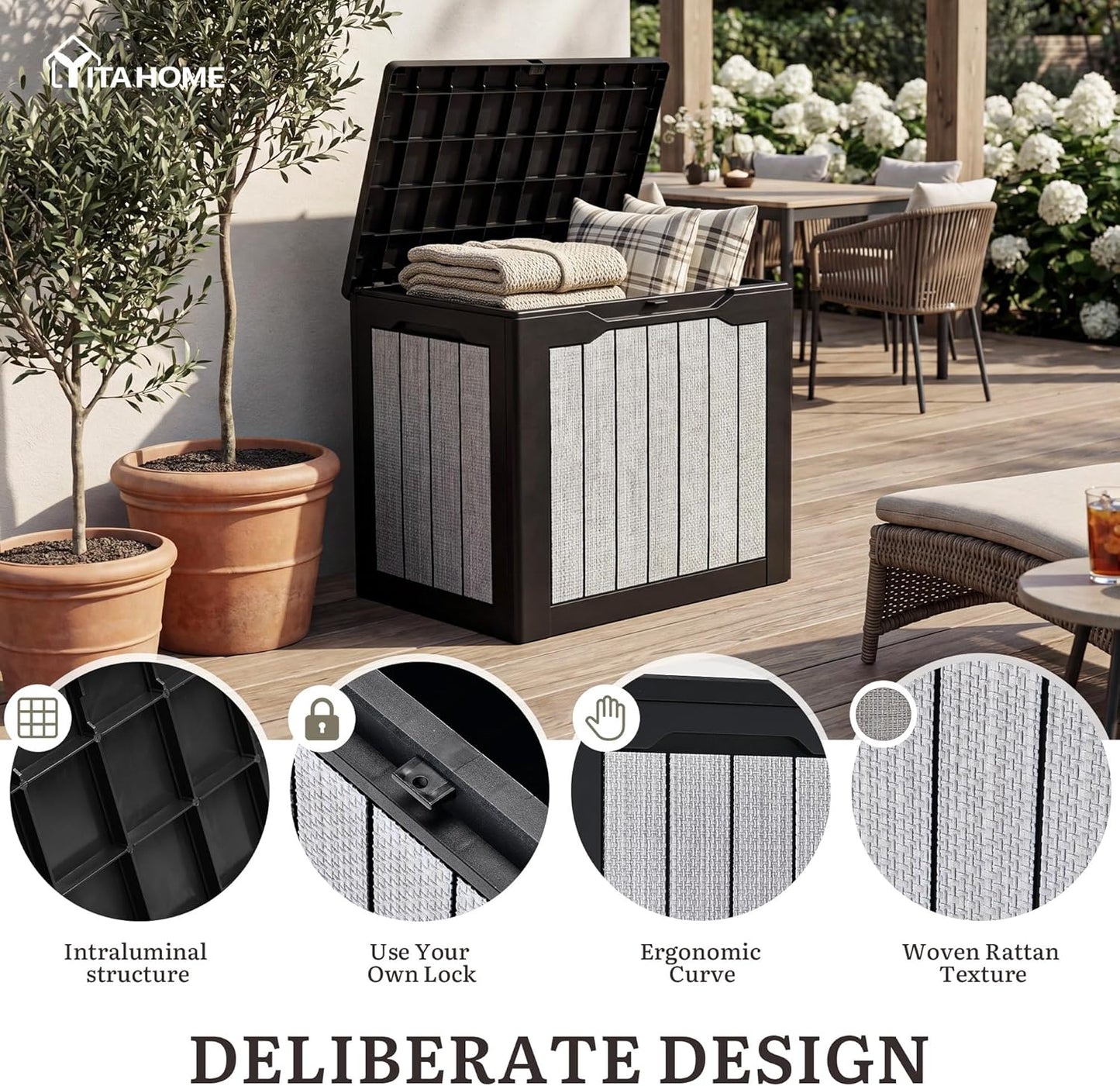 YITAHOME 100 Gallon Large Outdoor Deck Box | Waterproof Resin Storage Box, Lockable Indoor Outdoor Storage Container for Patio Furniture Cushions, Pool Accessories