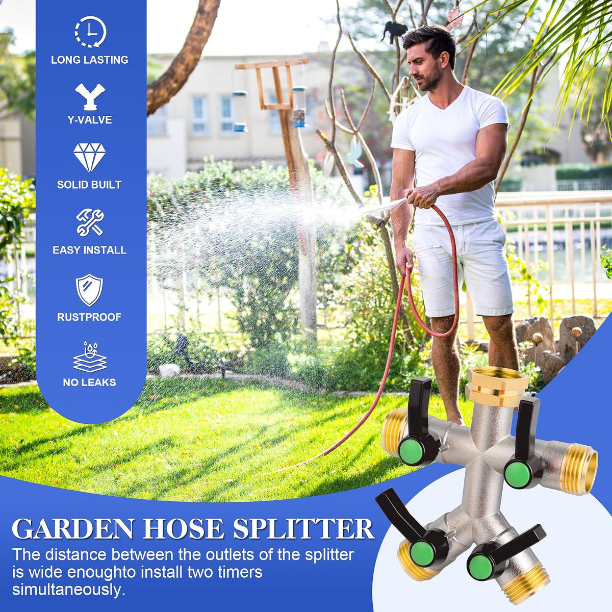 EJW Hose Splitter, 2 Way Hose Splitter, Garden Hose Splitters,Faucet Splitters, Outdoor Faucet Splitter, 2 Way Hose Connector,Brass Splitter, 3/4” GHT Threads.
