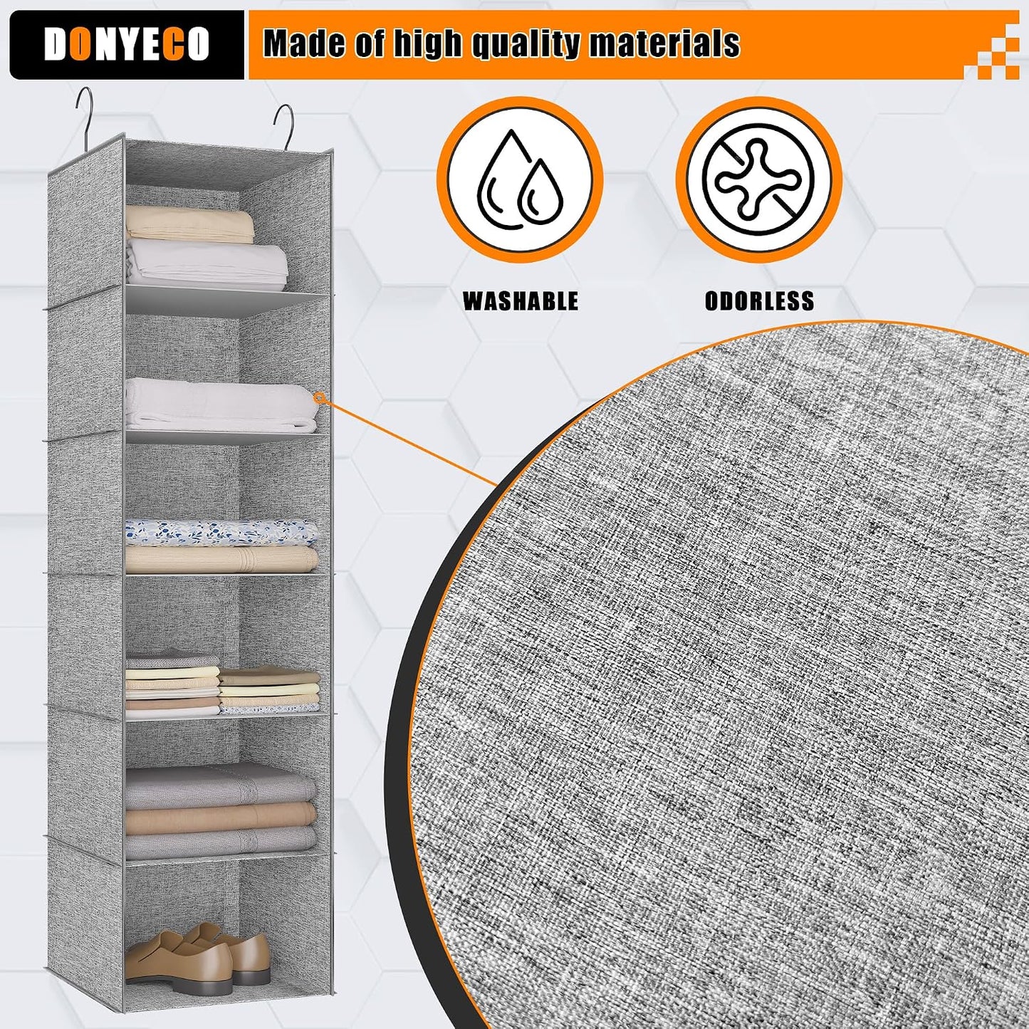 Hanging Closet Organizer 3-Shelf, Oxford Fabric Wardrobe Storage, Gray | Easy-mount foldable design holds clothes, handbags, shoes & accessories; washable Oxford fabric, sturdy and space-saving.