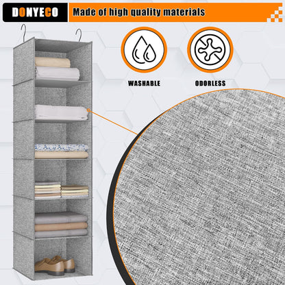 Hanging Closet Organizer 3-Shelf, Oxford Fabric Wardrobe Storage, Gray | Easy-mount foldable design holds clothes, handbags, shoes & accessories; washable Oxford fabric, sturdy and space-saving.
