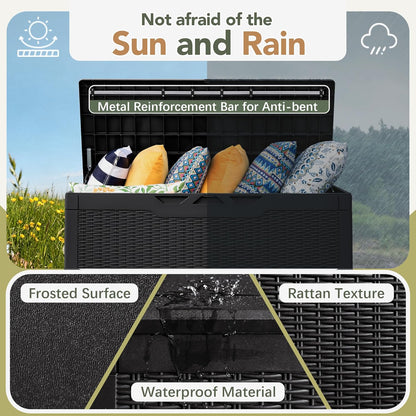 Flamaker Resin Deck Box 120 Gallon Waterproof Large Outdoor Indoor Storage Box Imitation Wood Resin for Patio Furniture Garden Tools and Pool (Black)