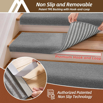 COSY HOMEER Bullnose Carpet Stair Treads, Peel and Stick Non-Slip Stair Treads for Wooden Steps, 11" x 30" Indoor Stair-Runner Rugs (4Pc, Gray)