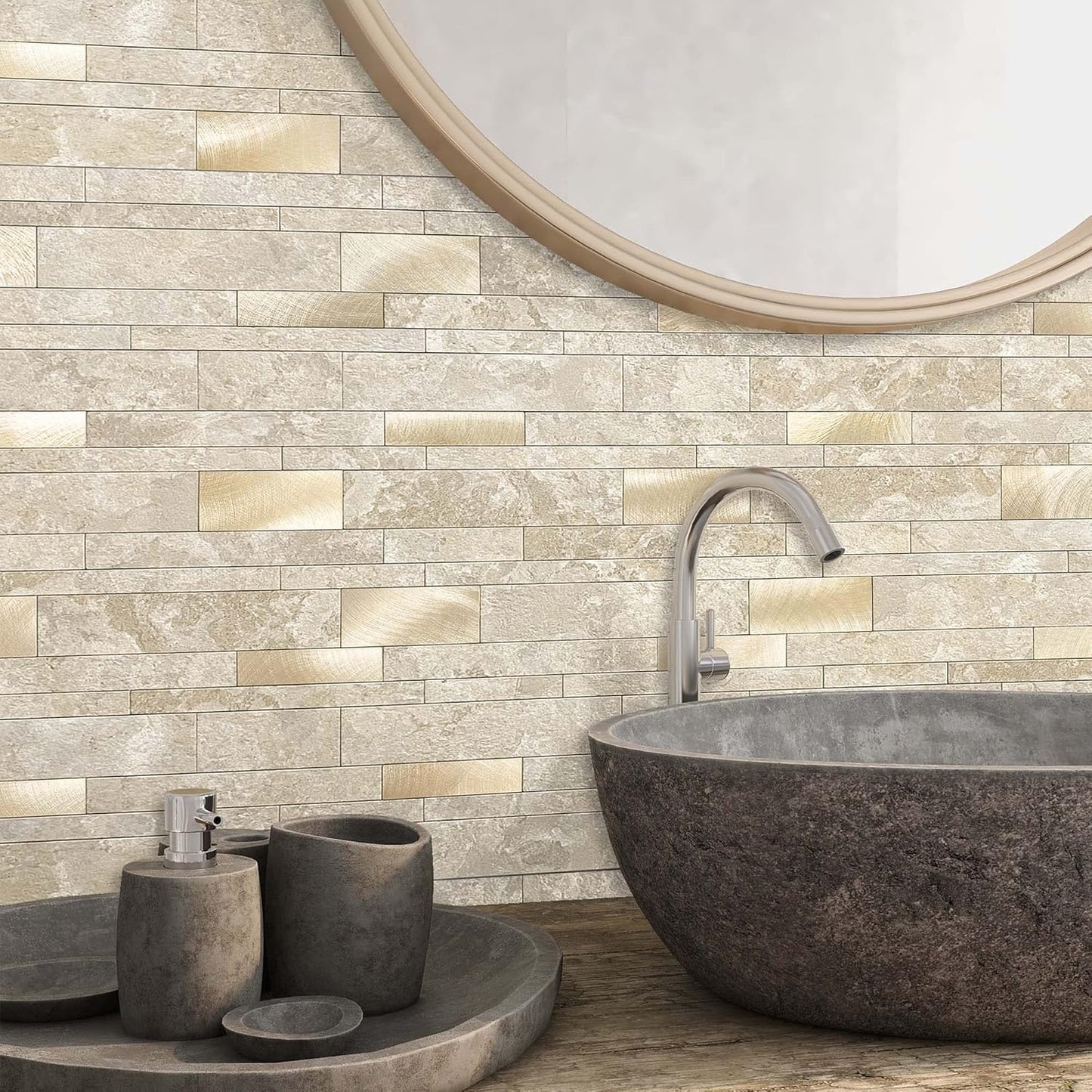 VAOVI Backsplash Tile Peel and Stick Kitchen Stone Subway Linear Mosaic Bathroom Shower Wall Waterproof(10pcs,Gray)