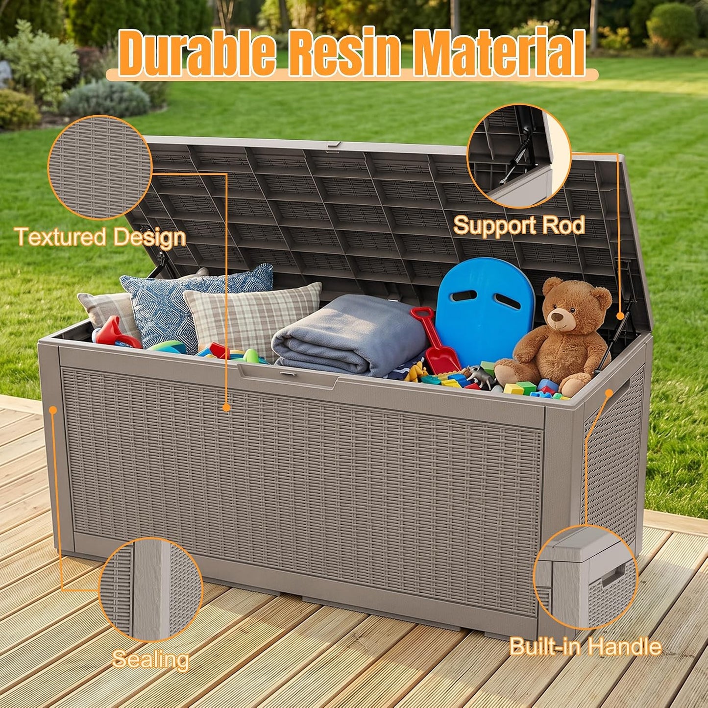 Outdoor Storage Box,38 Gallon Resin Deck Box,Waterproof & UV Resistant Lockable Package Delivery Bin,Toy Cabinet for Indoor & Outdoor