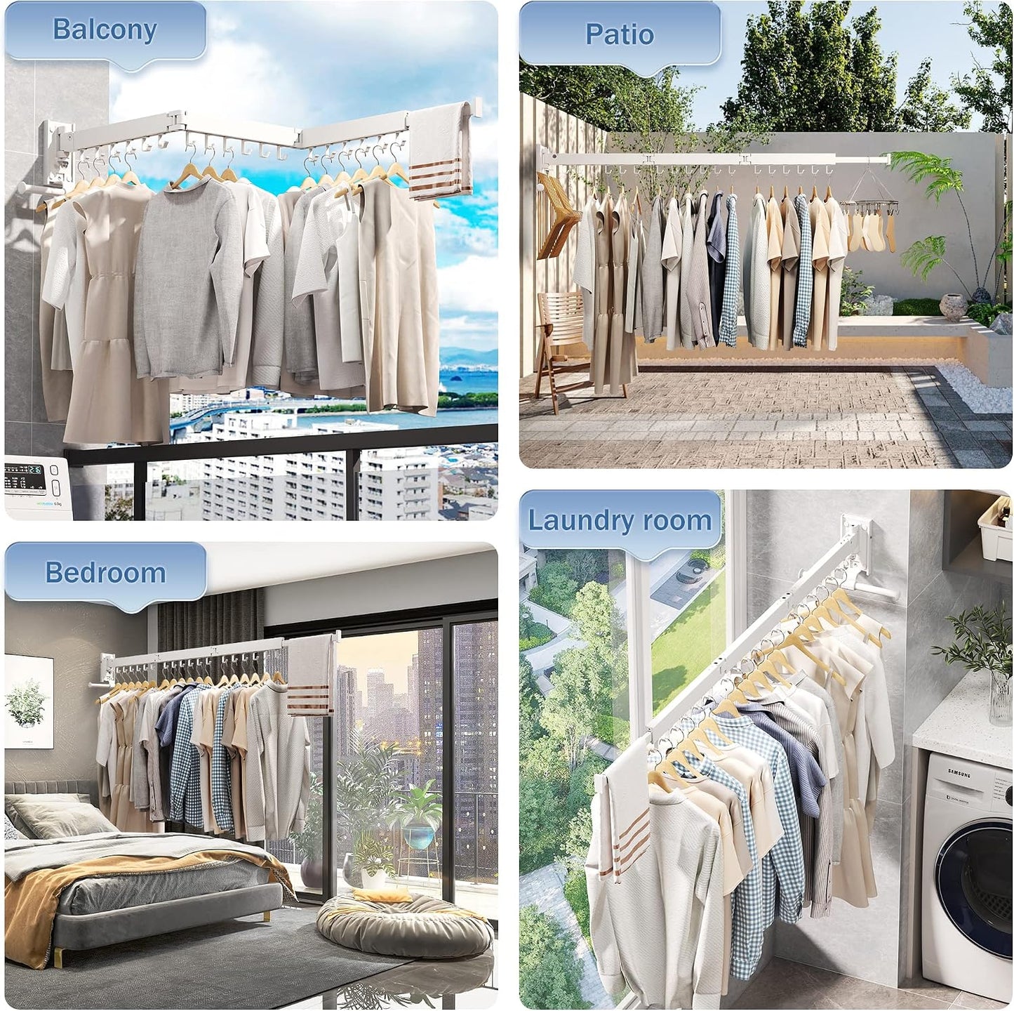 LIENAHU Wall Mounted Clothes Drying Rack, Collapsible, Folding, Retractable - Clothes Hanging Rack (Hooks, White)