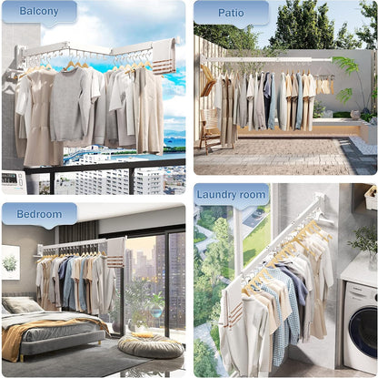 LIENAHU Wall Mounted Clothes Drying Rack, Collapsible, Folding, Retractable - Clothes Hanging Rack (Hooks, White)