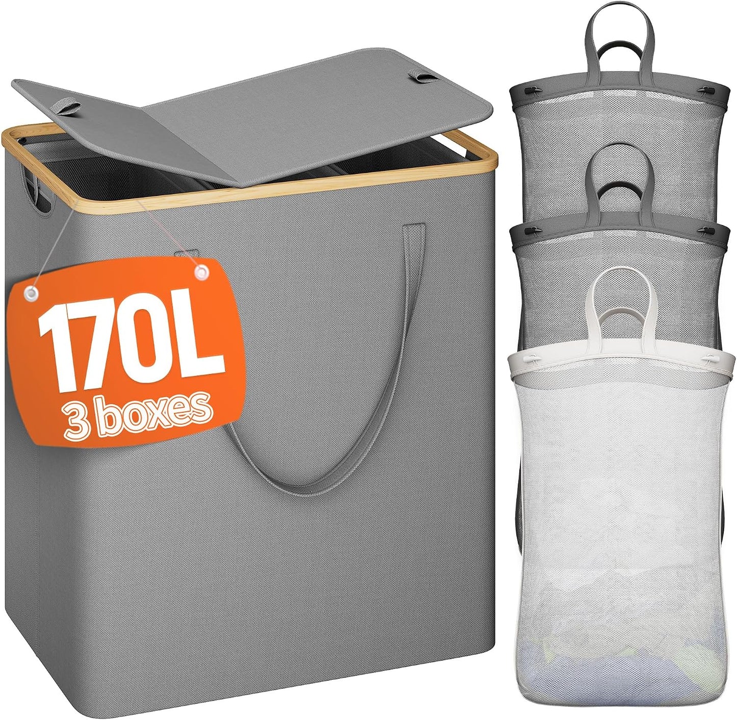 175L Laundry Hamper with Lid 3 Section, Extra Large Laundry Basket with 3 Removable Bags, 46 GAL Laundry Basket Organizer for Bedroom, Laundry Room, Dorm, Grey