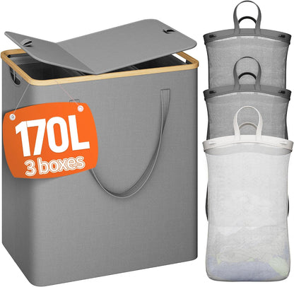 175L Laundry Hamper with Lid 3 Section, Extra Large Laundry Basket with 3 Removable Bags, 46 GAL Laundry Basket Organizer for Bedroom, Laundry Room, Dorm, Grey