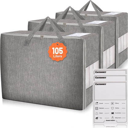3 Pack 105L Comforter Storage Bags, Extra Large Bedding Storage Bags with Card and Clear Window, Reinforced Handles & Zippers, Foldable Closet Organizers for Blanket Pillow Clothes