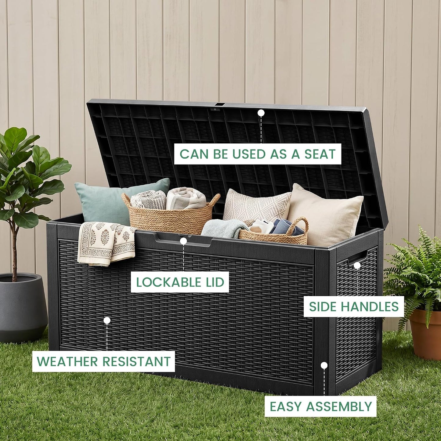 100 Gallon Storage Box, Waterproof Resin Deck Box with Hydraulic Piston Design, Lockable Storage Bench for Package Delivery, Storage Bin for Patio Cushions, Garden Tools, Black