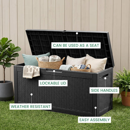 100 Gallon Storage Box, Waterproof Resin Deck Box with Hydraulic Piston Design, Lockable Storage Bench for Package Delivery, Storage Bin for Patio Cushions, Garden Tools, Black
