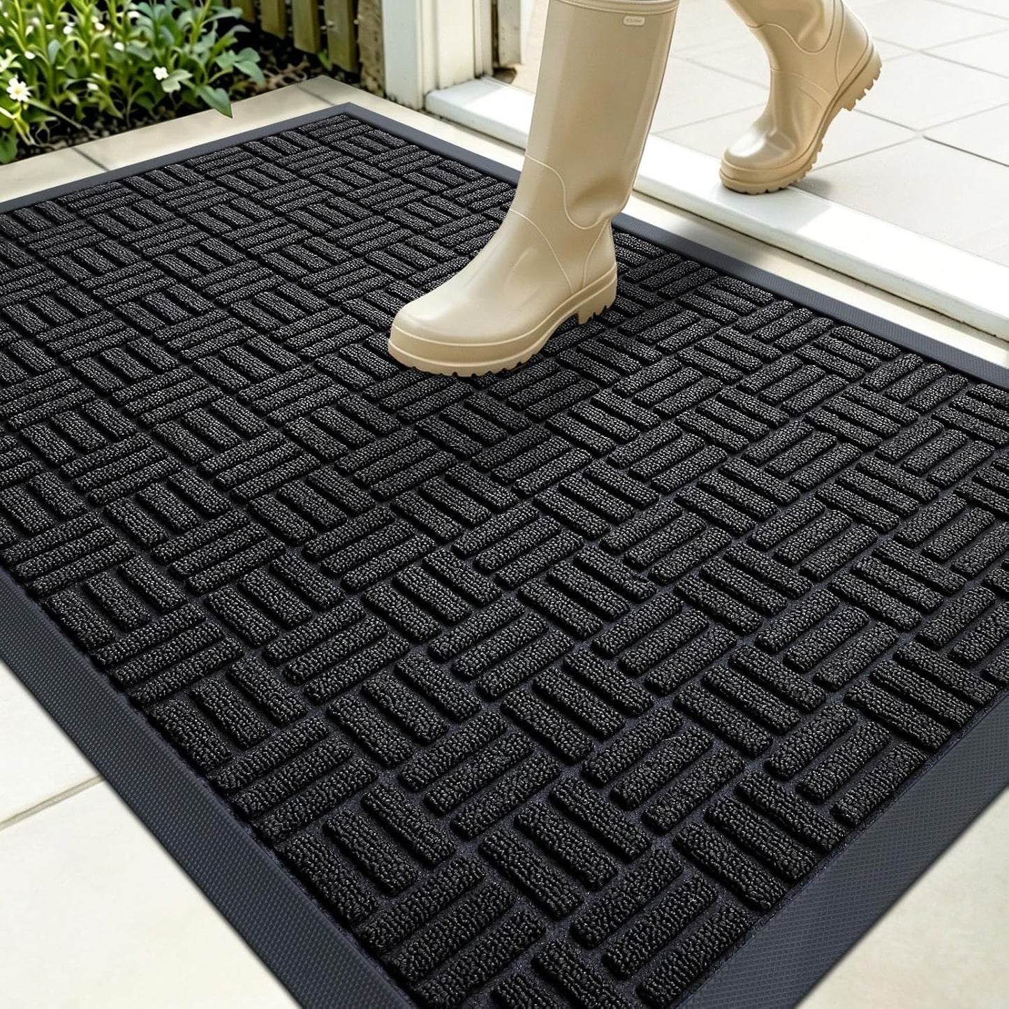 OLANLY Front Door Mat Outside Entrance 29.5x17, Absorbent, Heavy Duty Sturdy Natural Rubber Doormat Indoor Outdoor, Stain and Fade Resistant, Non-Slip Backing Low Profile Floor Mat for Entryway, Grey