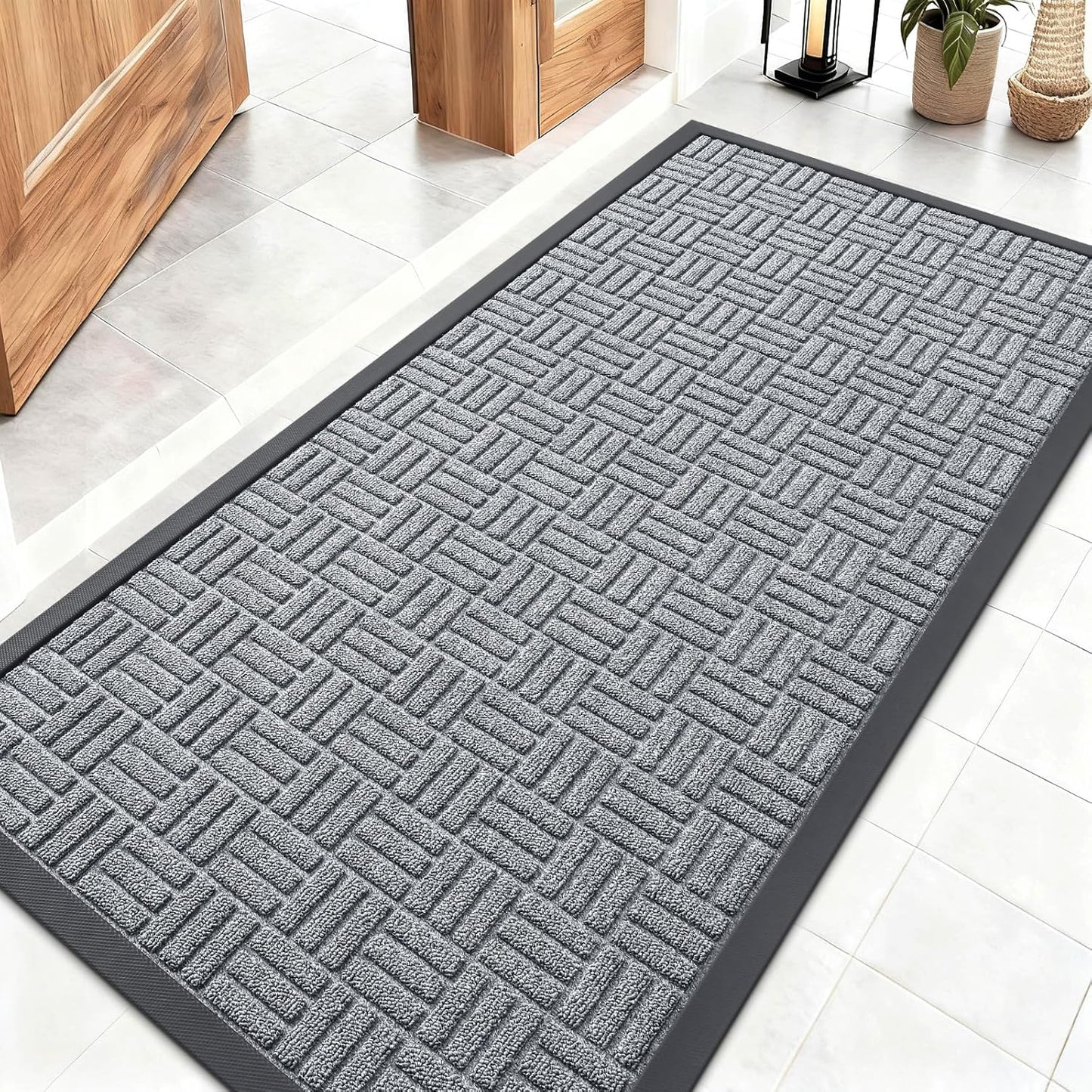 OLANLY Front Door Mat Outside Entrance 29.5x17, Absorbent, Heavy Duty Sturdy Natural Rubber Doormat Indoor Outdoor, Stain and Fade Resistant, Non-Slip Backing Low Profile Floor Mat for Entryway, Grey