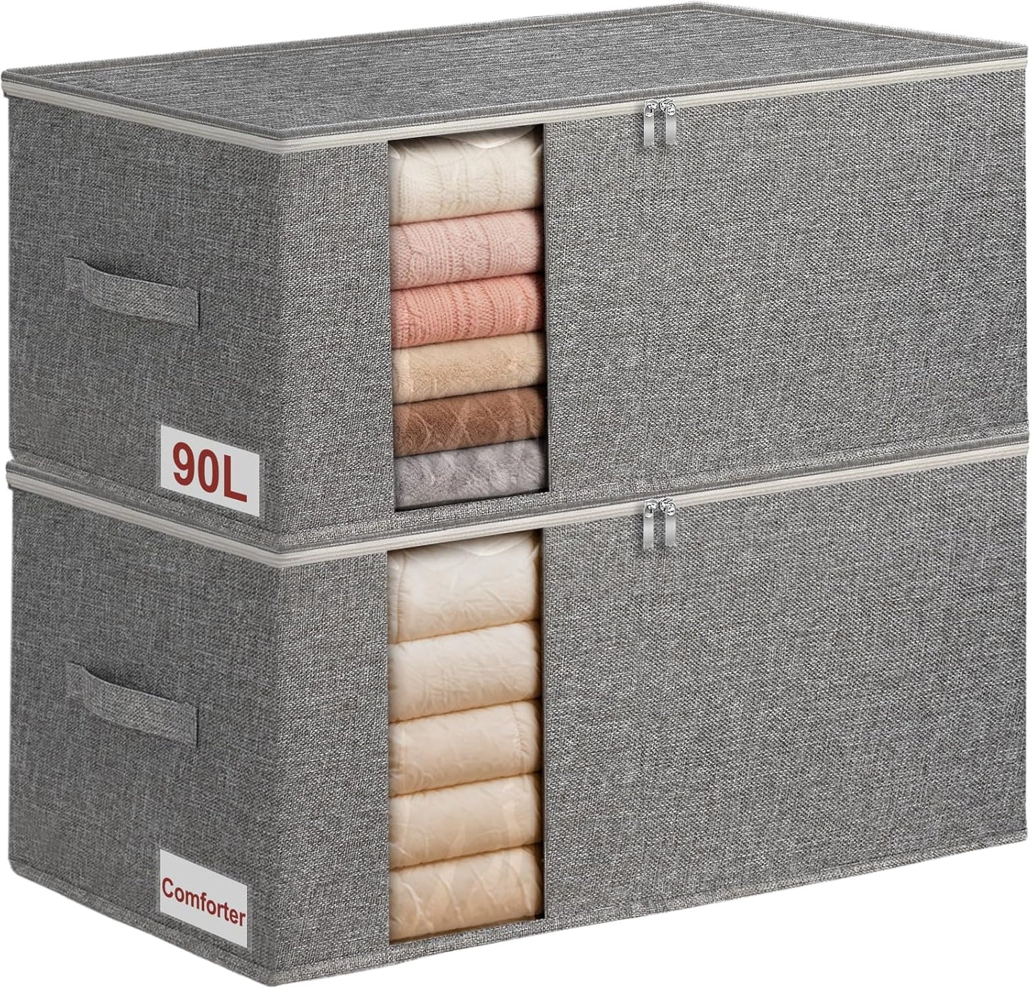 60L Blanket/Comforter Storage Bag w/Rigid Side & Bottom Support, Stackable Clothes Storage Bin for Sweaters Bedding Sets Quilts Pillows, Closet Organizer, 21.7x14.2x11.8in, 2 Pack, Gray