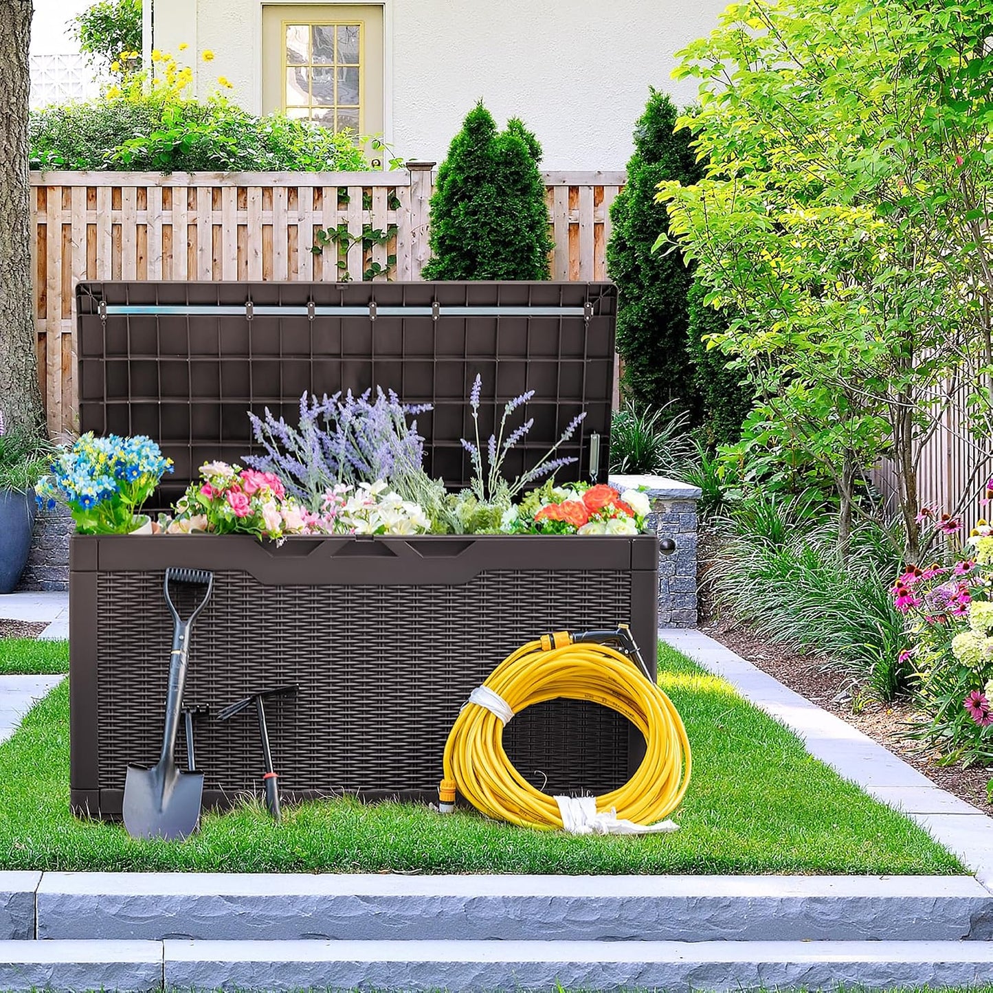 Devoko 30 Gallon Resin Deck Box Waterproof Outdoor Storage Box for Patio Furniture Pool Accessories Indoor Storage for Cushion Garden Tools (30 Gallon, Black)