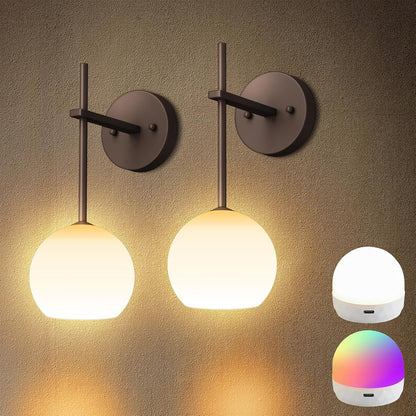 Brass Battery Operated Wall Sconces Set of 2, Rechargeable Wireless Wall Lights with Milky White Frosted Glass, 12 RGB and 3CCT Dimmable, Wall Lamps with Remote for Bedroom Living Room Hallway