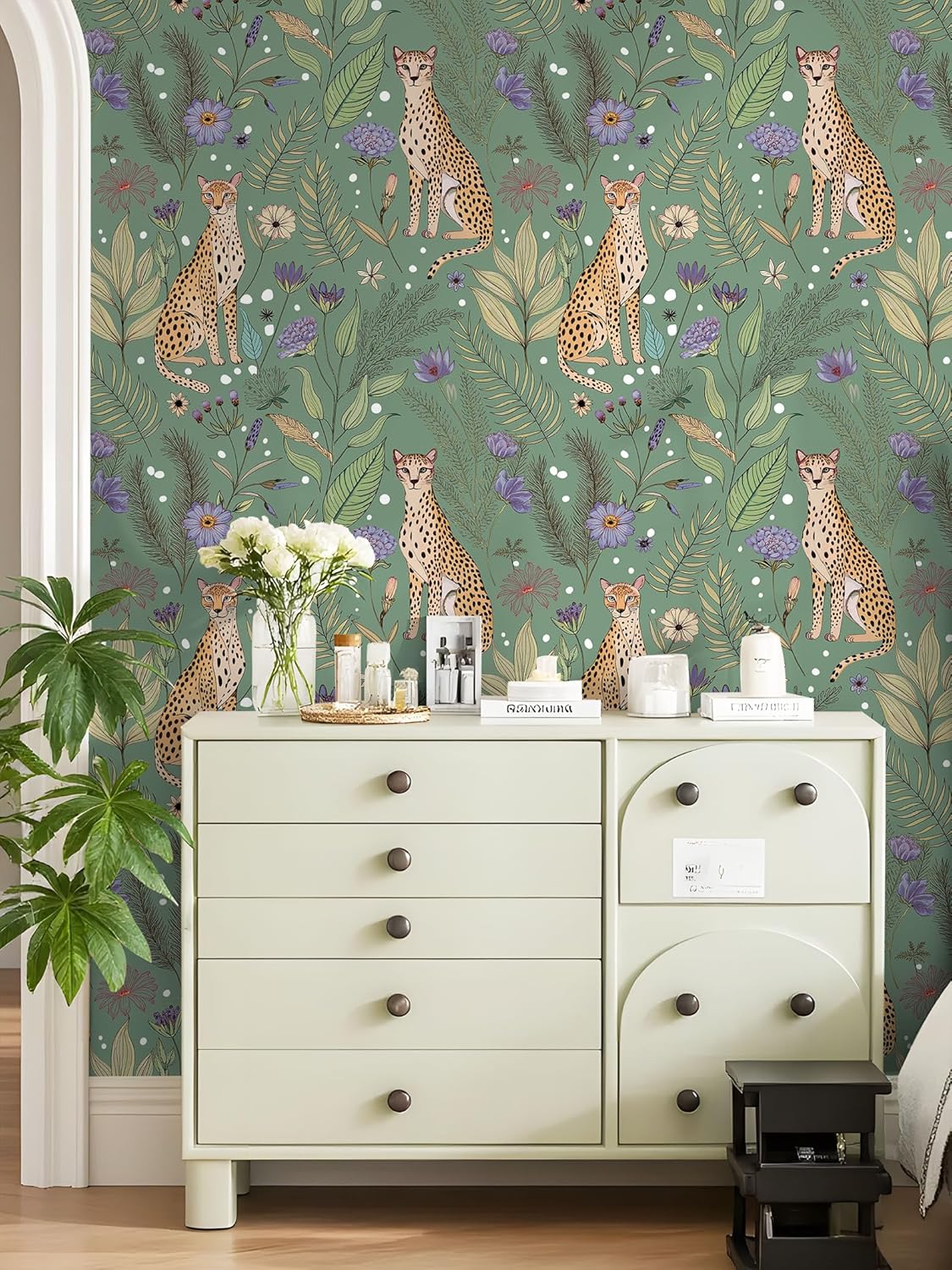 Floralplus Peel and Stick Wallpaper Leopard Jungle Removable Wallpaper for Bathroom Renter Friendly Wallpapers Self Adhesive Animal Floral Contact Paper for Accent Wall 17.5 x 118 in