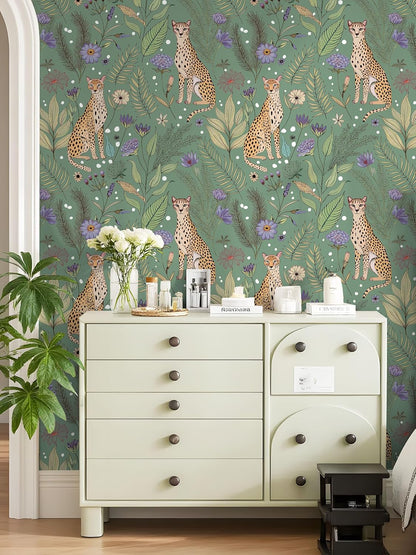 Floralplus Peel and Stick Wallpaper Leopard Jungle Removable Wallpaper for Bathroom Renter Friendly Wallpapers Self Adhesive Animal Floral Contact Paper for Accent Wall 17.5 x 118 in