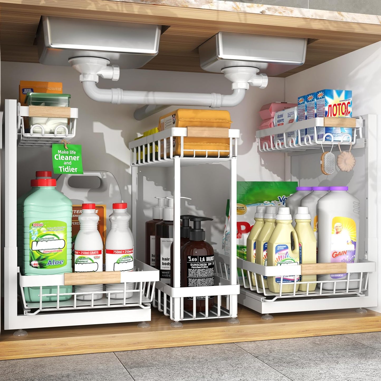Sevenblue 3 Pack Under Sink Organizer, Height Adjustable 2 Tier Pull-Out Metal Under Kitchen Sink Organizer, Multi-Purpose Storage Shelves for Kitchen Bathroom Cabinet, White