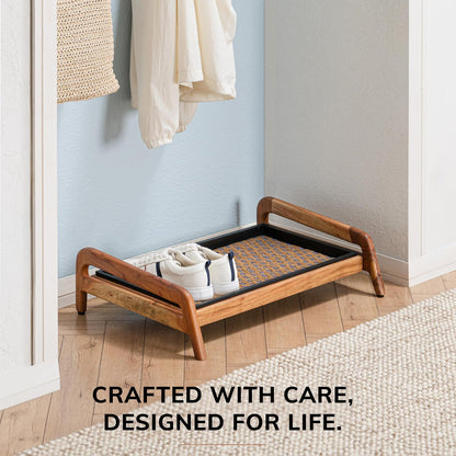 Anji Mountain Heavy Duty Waterproof Wooden Shoe Storage Mat Organizer/Boot Storage Tray Multi Use for Entryway with Coir, Tan Rectangle Embossed Insert, 1 Tier, Fits 2 Pair (26.5" Wide)