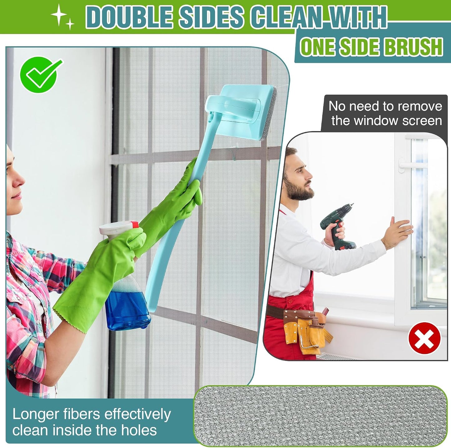 Window Screen Cleaner Brush, Mesh Window Cleaning Brush Kit with Replaceable Heads and Detachable Handle, Wet & Dry Dual Use for Screens, Doors, Patio(3 Pack)