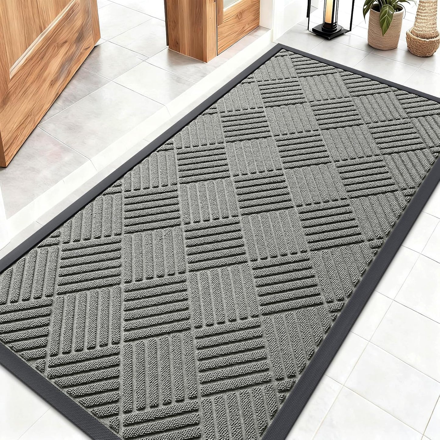 OLANLY Front Door Mat Outside Entrance 29.5x17, Absorbent, Heavy Duty Sturdy Natural Rubber Doormat Indoor Outdoor, Stain and Fade Resistant, Non-Slip Low Profile Floor Mat for Entryway, Grey Diamond