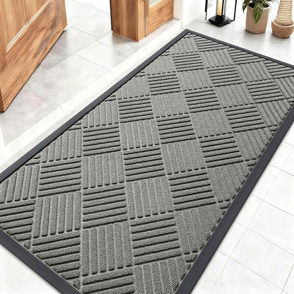 OLANLY Front Door Mat Outside Entrance 29.5x17, Absorbent, Heavy Duty Sturdy Natural Rubber Doormat Indoor Outdoor, Stain and Fade Resistant, Non-Slip Low Profile Floor Mat for Entryway, Grey Diamond