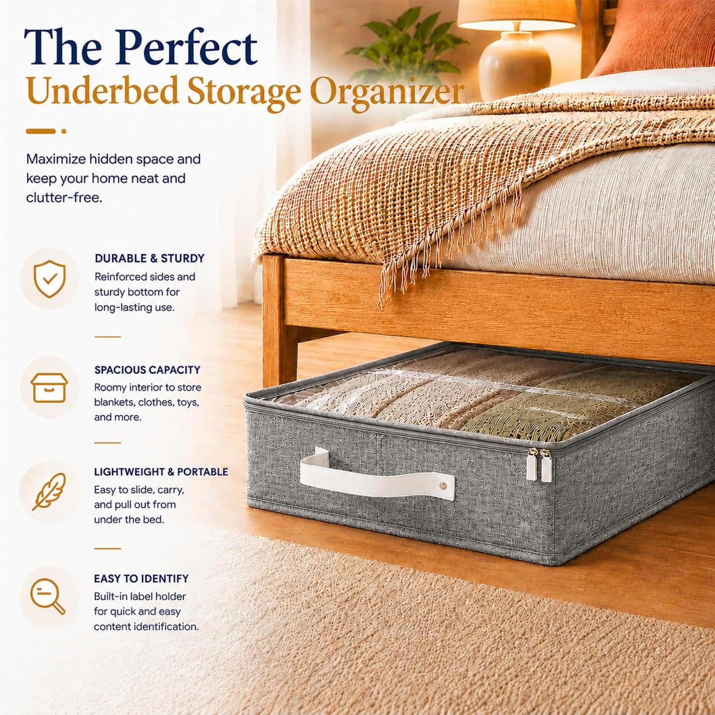 HOMELUX THEORY 2pc Low Profile Under Bed Storage Containers, Thin Under Couch Storage Organizer with Bins & Lids, Underbed Storage Box Ideal for Seasonal Clothes, Blankets, Fabric & Shoes (Ivory)
