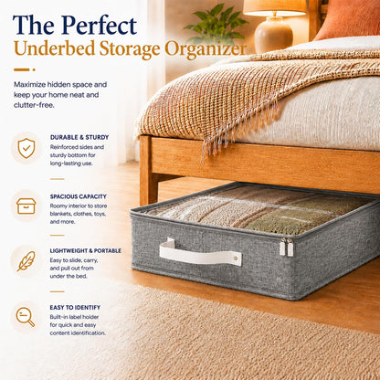 HOMELUX THEORY 2pc Low Profile Under Bed Storage Containers, Thin Under Couch Storage Organizer with Bins & Lids, Underbed Storage Box Ideal for Seasonal Clothes, Blankets, Fabric & Shoes (Ivory)