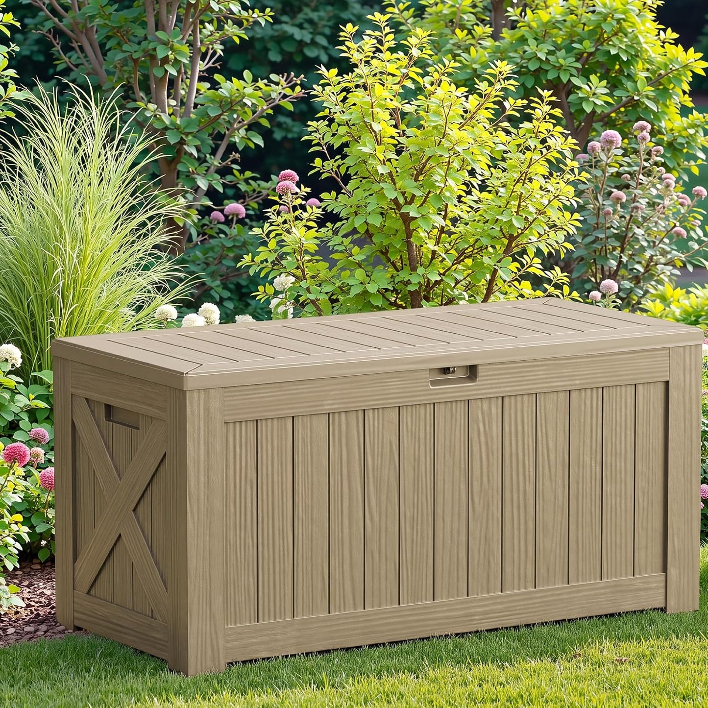 JUMMICO 31 Gallon Resin Deck Box Waterproof Indoor Outdoor Storage Boxes for Patio Furniture Cushions and Garden Tools (Brown)