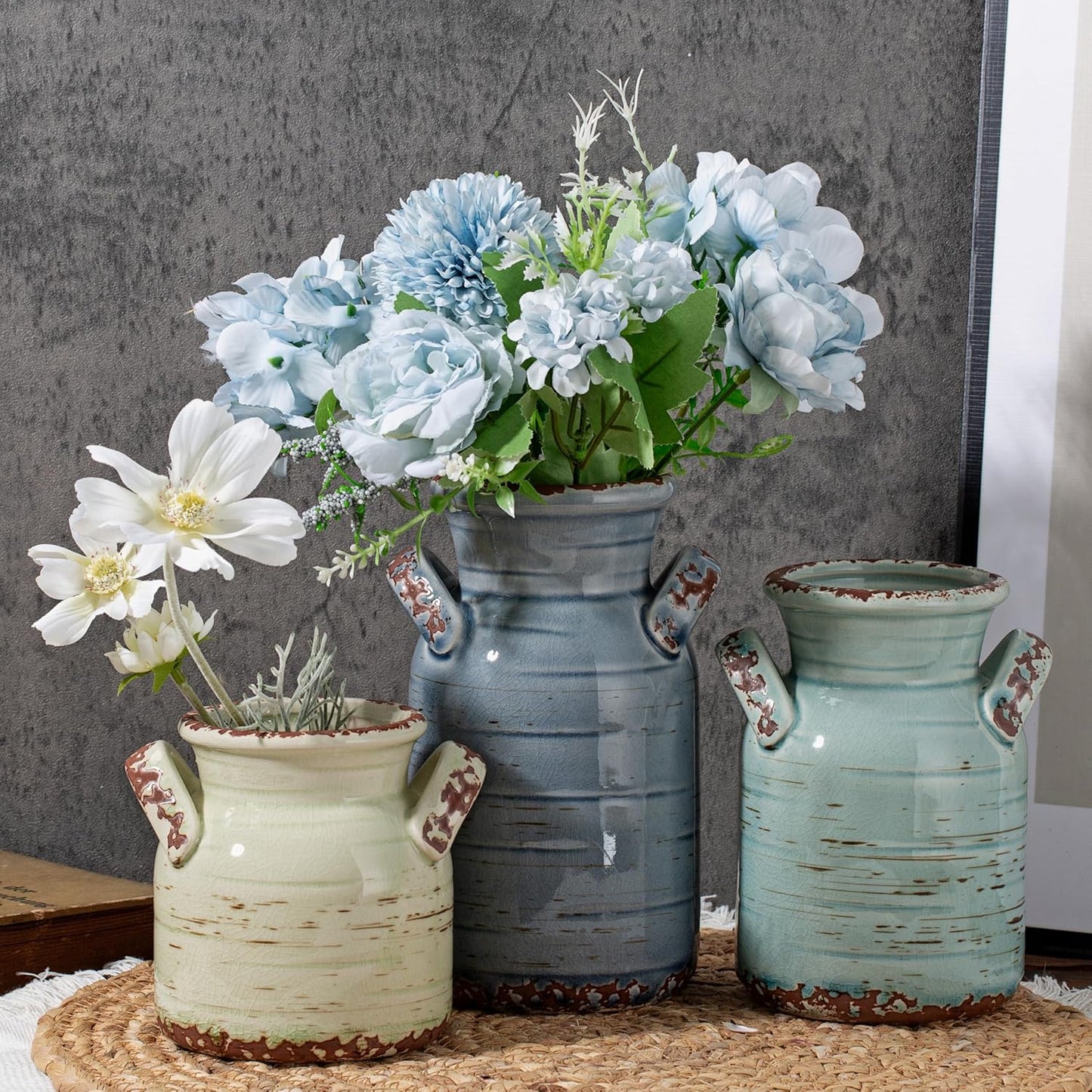 Ceramic Vase Set of 3 with Handles, Green White Neutral Rustic Modern Farmhouse Boho Decor, Versatile as Table Centerpiece or Mantel & Shelf Accent - Unique Home Gift Idea